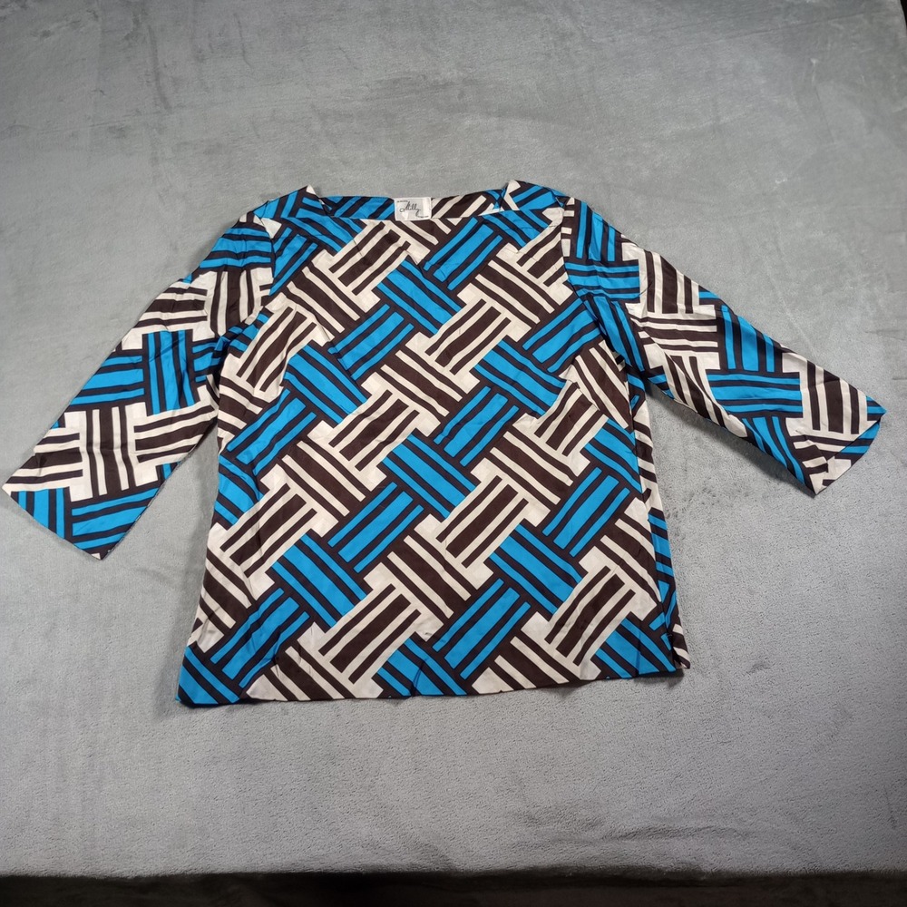 Milly Silk Blouse Womens 6 Blue Brown Geometric Boat Neck 3/4 Sleeve Mod Chic